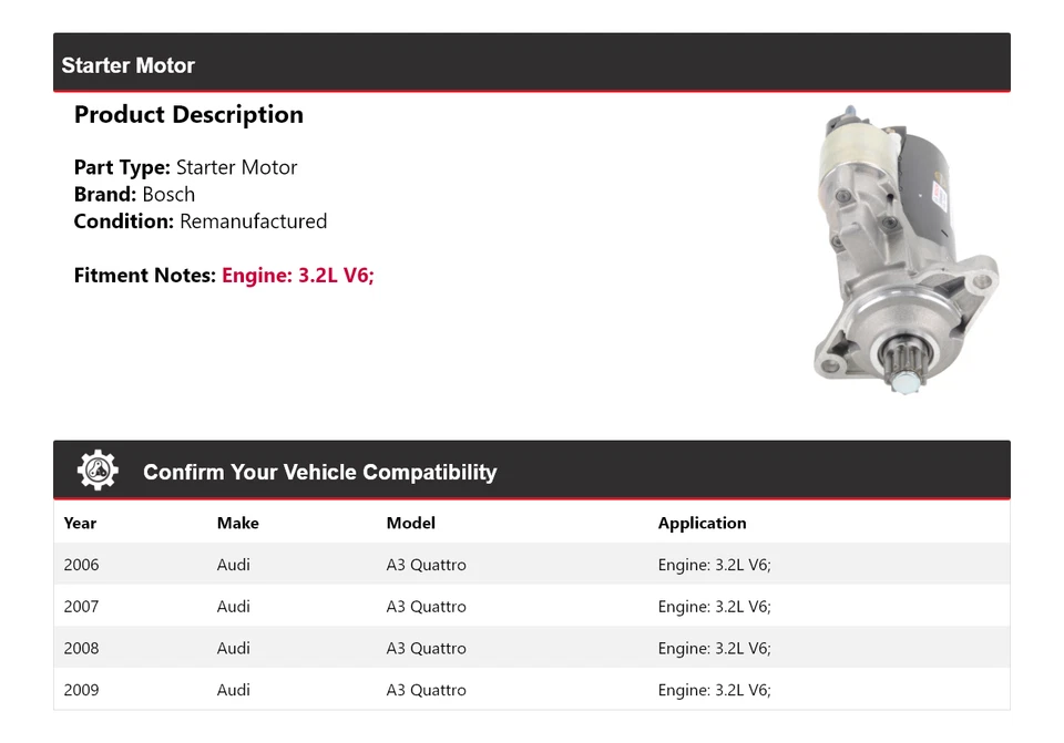 For 2006-2009 Audi A3 Quattro 3.2L V6 Bosch Starter (Remanufactured) 2007 2008 - Image 2 of 4