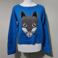 H&M Cat Sweater Womens 6 Knit Angora Wool Blend Soft Luxury Crazy Cat Lady Blue