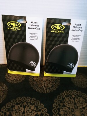 lot of 2 ATHLETIC WORKS Adult Swim Cap 100% Silicone Latex Free Black
