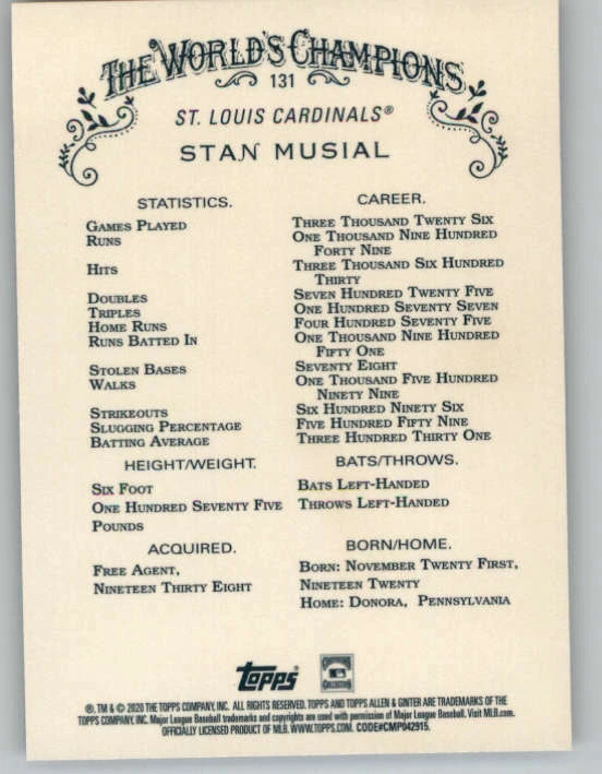 2020 Topps Allen and Ginter Chrome #131 Stan Musial (ref 159388) - Image 2 of 2