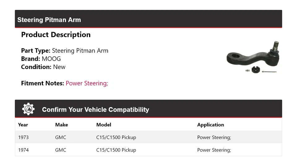 Brazo de dirección Pitman MOOG para camioneta GMC C15/C1500 1973-1974 Foto 2 de 4