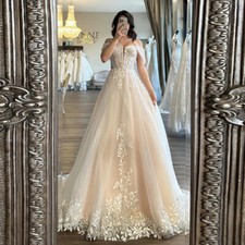 Fashion Tulle Wedding Dresses Off Shoulder Appliques Backless A-Line Bridal Gown
