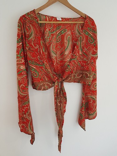 Red Top Shrug Bolero Cropped Hippie Festival Indian Tie Front Boho Vintage SILK - Picture 5 of 14