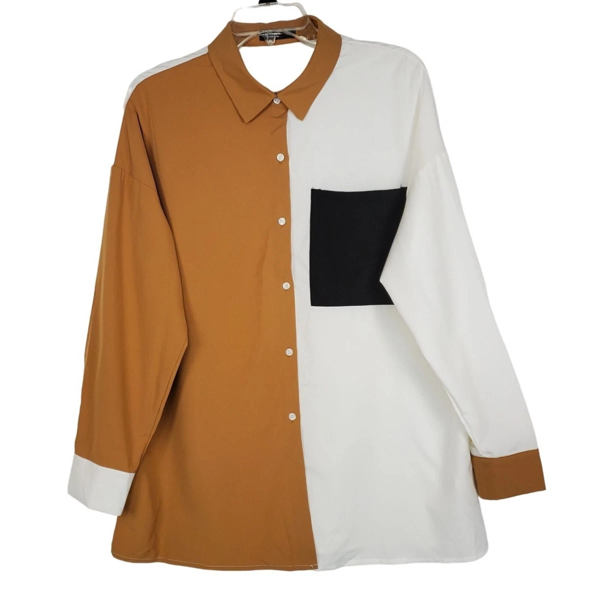 Shein Curve Women tops sz 0XL button up long sleeve block colors tan white