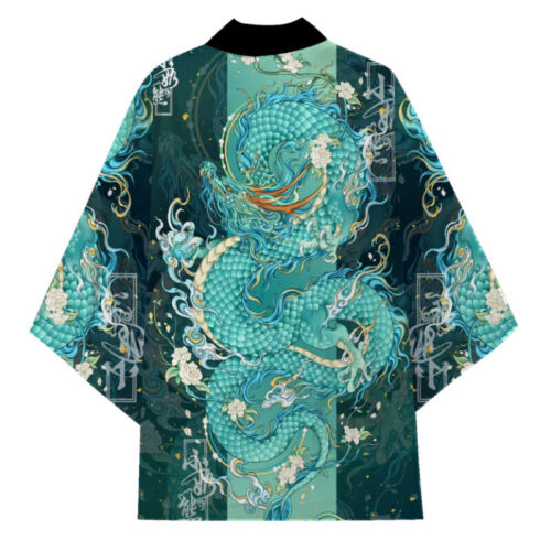 Męski japoński kimono smok rękaw 3/4 otwarty przód płaszcz szlafrok luźny - Zdjęcie 1 z 27