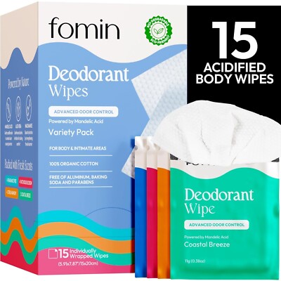NEW FOMIN Acidified Travel Deodorant Wipes Women & Men - 15 Count - Variety Pack