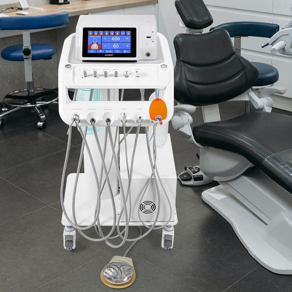 Portable Dental Delivery Unit Rolling Cart Syringe Suction Air Compressor 4Holes