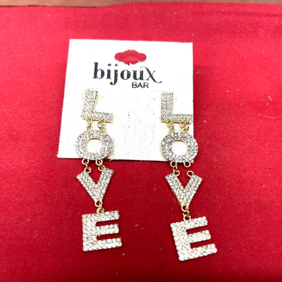 Bijoux Bar Fashion Dangly LOVE  Rhinestone Post Earrings Gold TONE