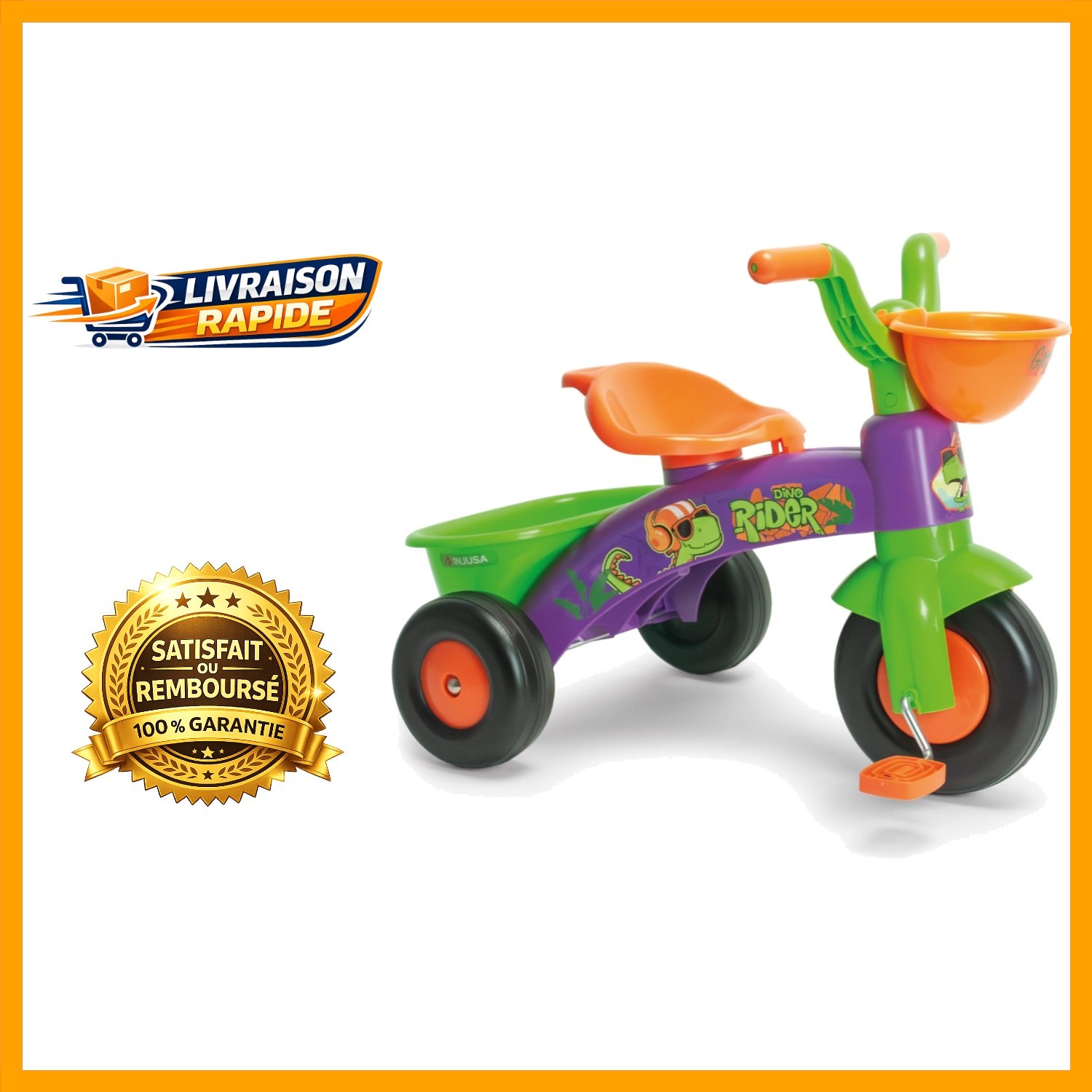 Tricycle Dino Rider vert pour enfant de 3 ans en plastique robuste