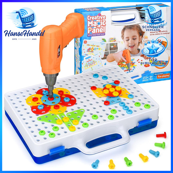 Mosaik Steckspiel Werkzeugbox Mit Elektrischer Bohrmaschine 151-Teilig Ab 3-image