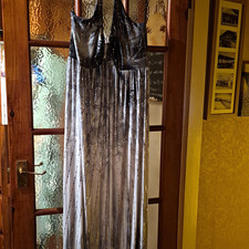 Ellie Louise Maxi Dress UK 20 Grey Black Sequin Tie Neck V-Neck Sleeveless