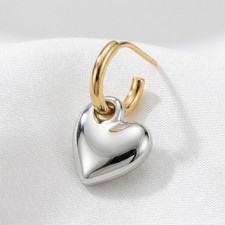 Two-Tone Heart Drop Earrings Gold and Silver Mixed Metal Chunky Huggie Hoops