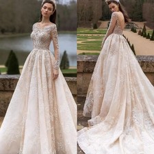 Elegant A-Line Wedding Dresses Backless O-Neck Beaded Lace Applique Bridal Gowns