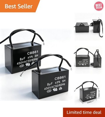 2Pcs 8uF Ceiling Fan Capacitors - 450V AC, Durable Polypropylene Film Technology