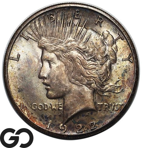 1922-S Peace Dollar, Great Scarce Toner, Hard To Find W/ Color, Gem BU++