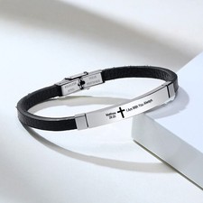Personalized Prayer Christian Bible Cross Chapter Men Genuine Leather Bracelet