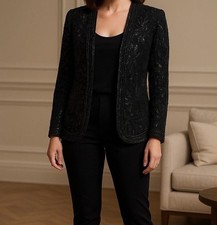 Niteline By Della Roufogali Sz L 100 Silk Black Sequin Beaded Jacket Old Money