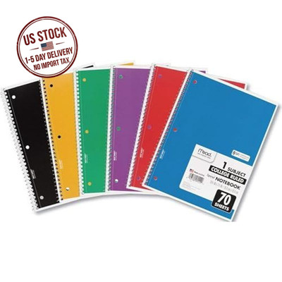 6 Pack Spiral Notebooks 1 Subject College Ruled 70 Sheets Assorted Colors