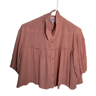 Belle Du Jour Blouse Women's Medium Pink Button Up Cropped Short Sleeve Top