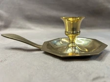 Vintage Polished Brass Candlestick Holder With Handle And Drip Tray