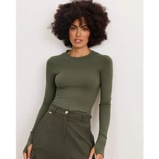 Lune Active Maia Ribbed Top Size L Moss Dark Green Modal Long Sleeve Athleisure