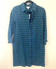 Pure Jill Womens XS Blue Green Striped Cotton Shirt Dress 3/4 Sleeve Collared
