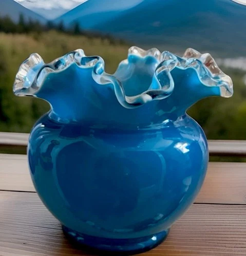 Vintage Fenton Jamestown Blue 1950's White Cased Swirl Ruffle Rim Art Glass Vase