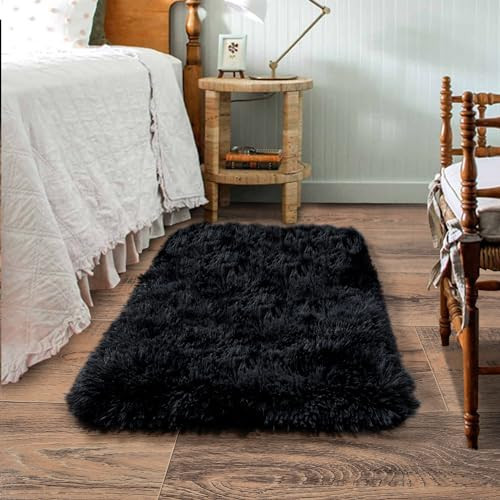 Small Area Rug, 2x3 Rug for Bedroom Shaggy Throw Rugs for Dorm 2 x 3 Feet Black - Bild 1 von 6