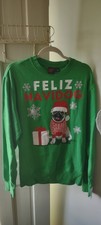 Ugly Christmas Adult Sweatshirt "Feliz Navidog" Pug Holiday, Green  NEW