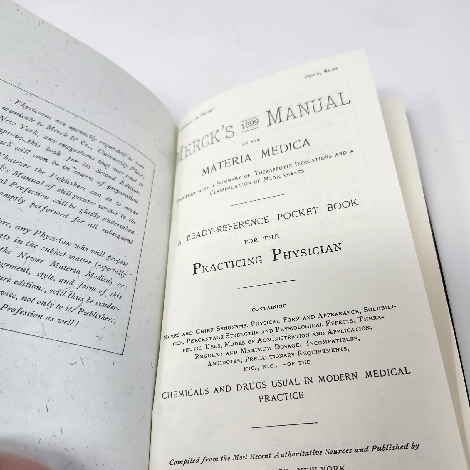 Merck's 1899 Manual Materia Medica 1st Edition Reprint 100th Anniversary Medical