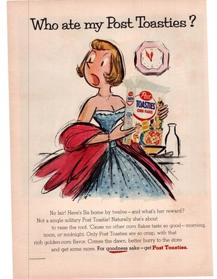 1955 Post Toasties Corn Flakes Who Ate My Breakfast Cereal Single Page Print Ad