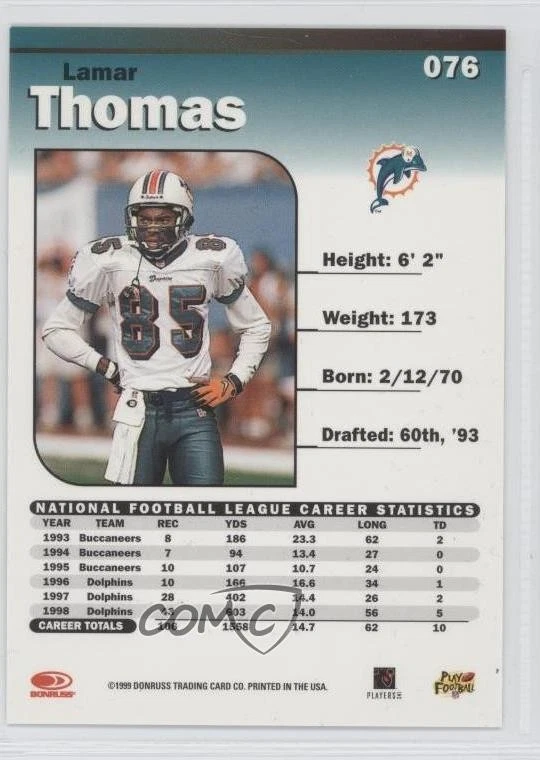 1999 Donruss Elite SportsFest 1999 Lamar Thomas #076 0a1 - Image 2 of 3
