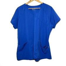 Easy Stretch Scrub Top Large Blue Short Sleeve V Neck Pockets Shirt