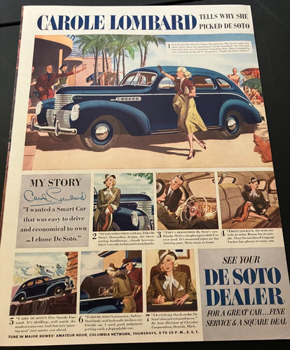 Blue 1939 DeSoto & Carole Lombard at Malibu Beach - Vintage Print Ad / Wall Art