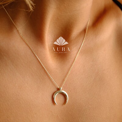 14K Gold Crescent Moon Necklace, Moon Charm Necklace, Double Horn Necklace
