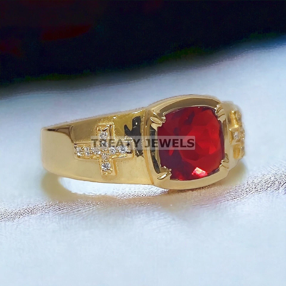 Ruby Cushion Cut With 925 Sterling Silver Gold Plated Ring For Men's #972 - Image 3 of 4