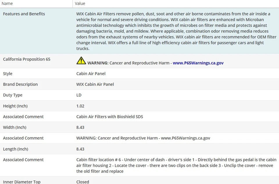 WIX Cabin Air Filter For SMART FORTWO 2017-2018 L3-0.9L Foto 3 de 4