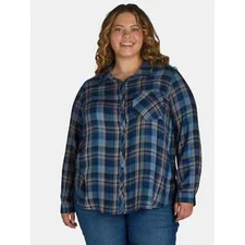 Terra & Sky Women Plus Size Button Down Blue Plaid Long Sleeve Shirt 4X(28W-30W)