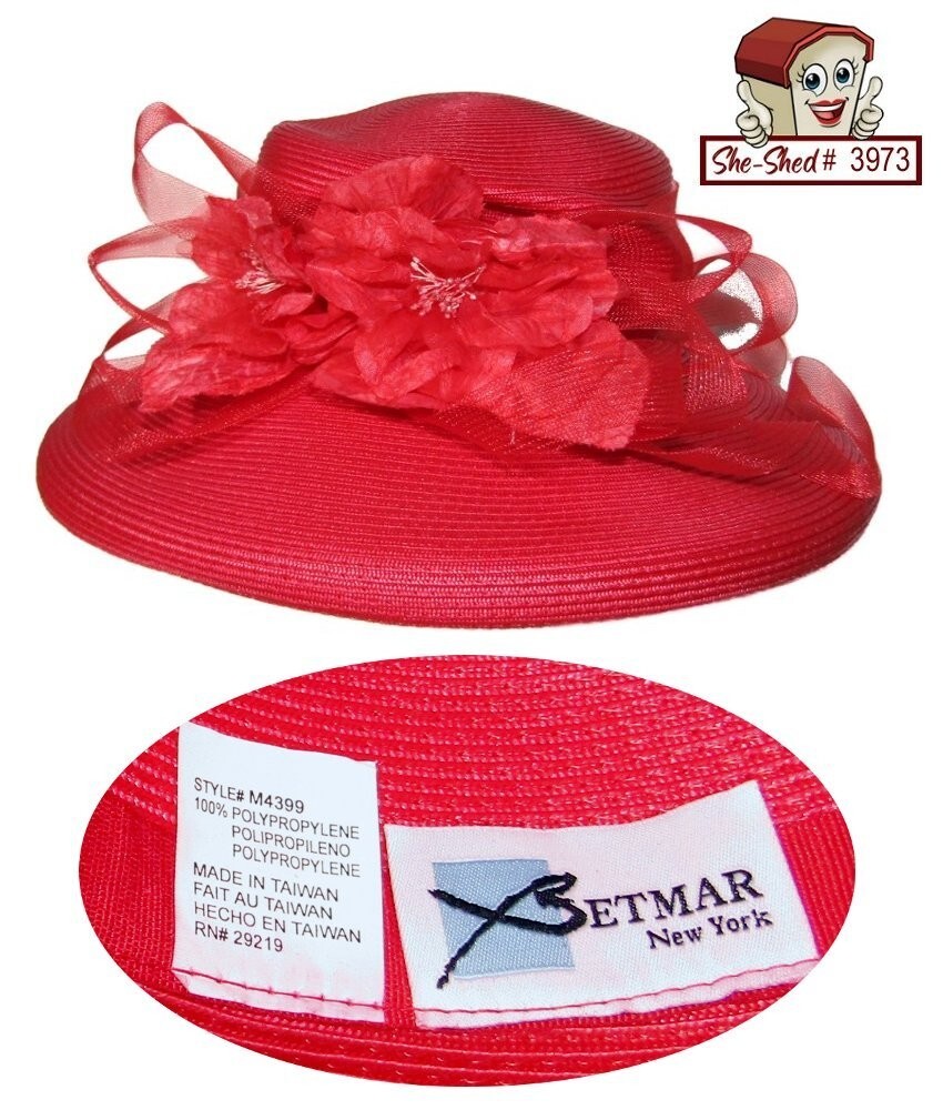 Betmar New York Red Straw Hat Kentucky Derby Tulle Silk Bow 