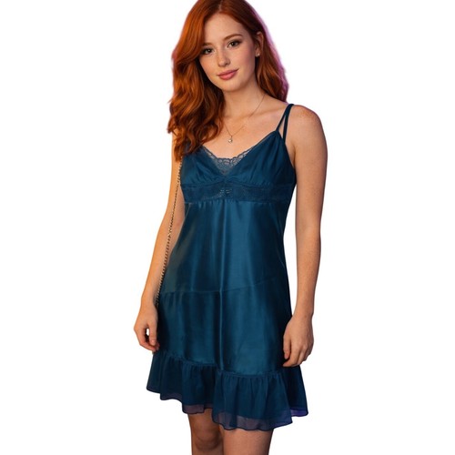 Victoria's Secret Angels Slip Dress Nightie S Teal Satin Lace Trim Ruffle Hem