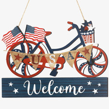 4th of July Front Door Welcome Wreath Patriotic Red White Blue Hanging Sign
