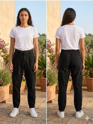 Nana Republic Women Black Pleated Cargo Pants Belted Elastic Waist Cotton Size 8
