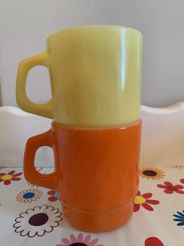 2/ FIRE KING ORANGE Yellow Stackable Mugs ANCHOR HOCKING Vintage MADE USA