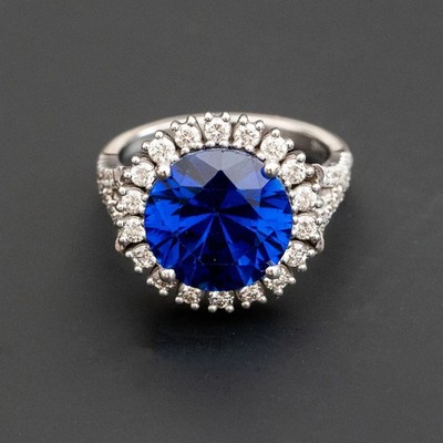 3.07 Ct Round Cut Natural Sapphire Diamond Engagement Ring 14K White Gold