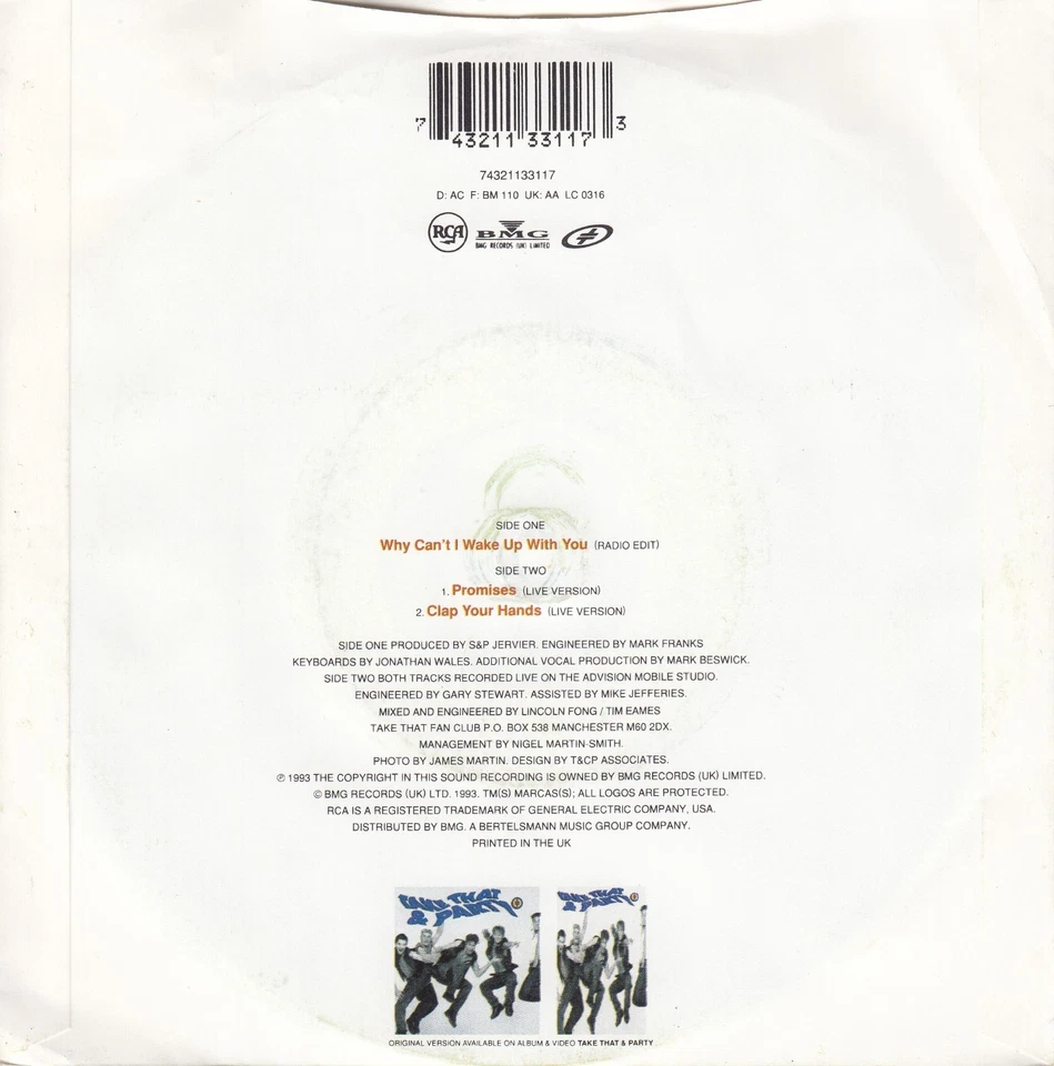 TAKE THAT - WHY CAN'T I WAKE UP WITH YOU - 7'' vinyl single - vgc - - Image 2 of 2