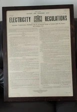 Original Gov'  issue workshop electrical regulations sheet, framed, dated 1937.