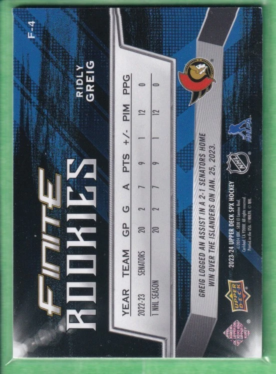 2023-24 SPx Finite Rookies Platinum #F-4 Ridly Greig Ottawa Senators 069/199 - Image 2 of 2