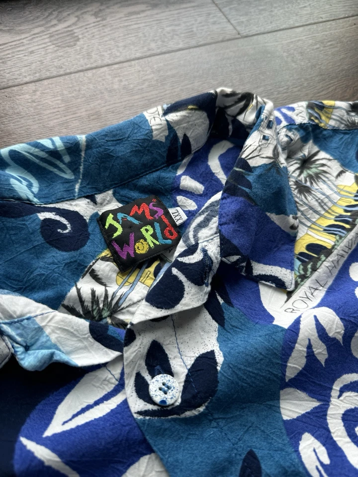 Camisa Hawaiana Vintage Jams World Abotonada Adulto 2XL Azul Seda Arte Abstracto Foto 3 de 4