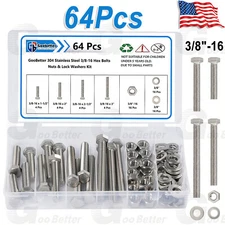 64Pcs 3/8"-16 Hex Head Bolts And Nut & Washer Assortment Kit 304 Stainless Steel