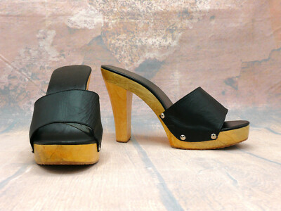 High Quality Handmade High Heels Mules, Genuine Wooden Sole, Genuine Leather